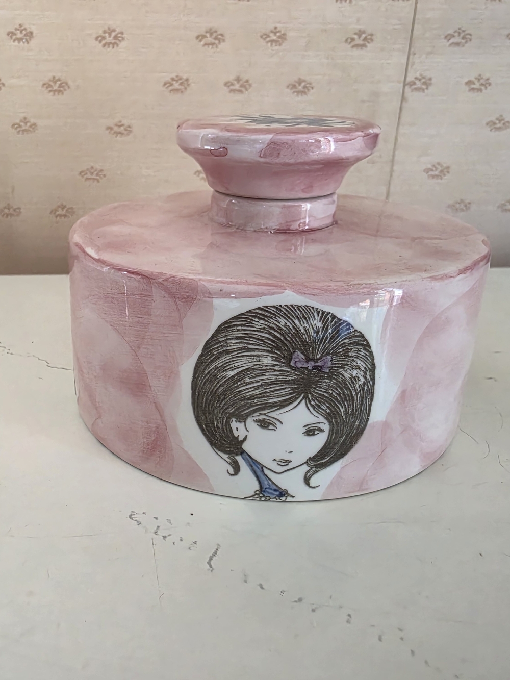1950's-1960's Italian Pink Ceramic Decorative Jar with Illustrated Girl Accent